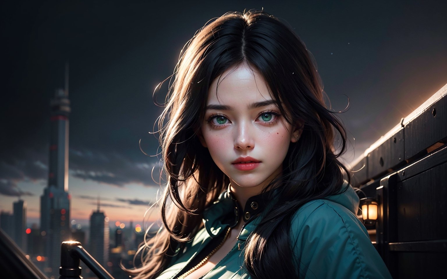 (best quality, 4k, 8k, highres, masterpiece:1.2), 1girl, a pretty girl standing before the earth's skyline, official art, color gradient, sky full of stars, Digital artwork, Science fiction illustration, Bright and vibrant, with neon colors, bokeh, luminating lights, futuristic interface,High definition, detailed depiction, unity 8k wallpaper, ultra detailed, beautiful and aesthetic, neon, green eyes, ultra-detailed, hyper-realistic, large breast, pleated skirt, photo realistic, dynamic lighting, artstation, poster, volumetric lighting, very detailed faces, 4k, award winning, in the dark, deep shadow, low key, insane details, perfecteyes, insane details, high details ,insane details,high details,realistic,