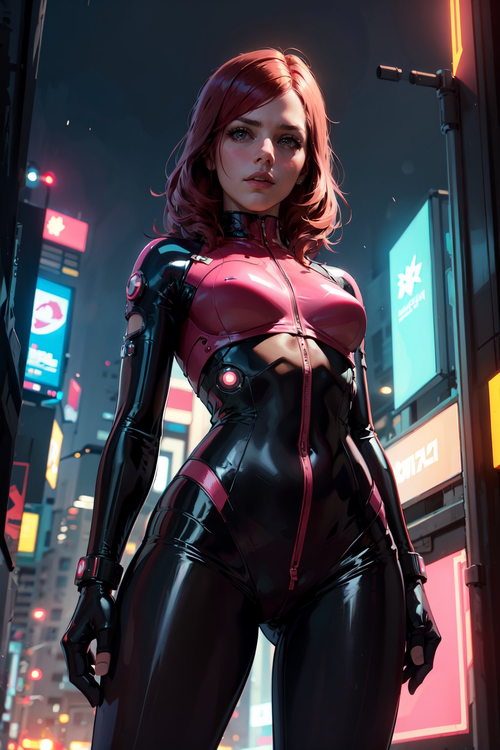Masterpiece, Best Quality, 1girl, red hair, cyberpunk, pink latex bodysuit, neon city, expressionless , futuristic, 🏙️, extremely detailed, from below looking at viewer 
