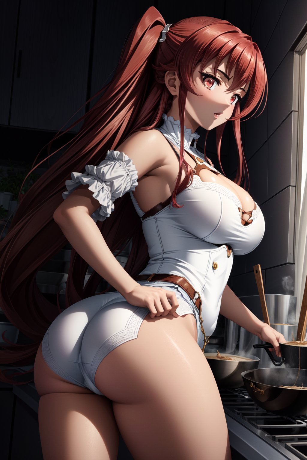 masterpiece, best quality, ultra-detailed, illustration, 1girl, big_breasts , hair, legs, (big ass) pretty skin, expressionless, adult, cooking, blue_jeans, jeans, (((Neckline))),