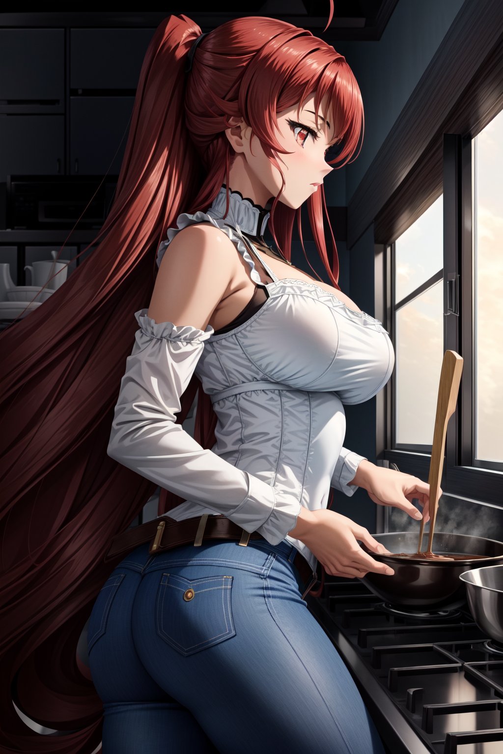masterpiece, best quality, ultra-detailed, illustration, 1girl, big_breasts , hair, legs, (big ass) pretty skin, expressionless, adult, cooking, blue_jeans, jeans, (((Neckline))),