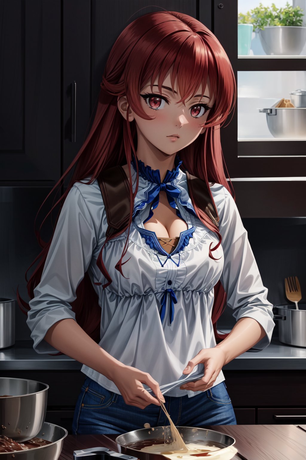 masterpiece, best quality, ultra-detailed, illustration, 1girl, expressionless, adult, cooking, blue_jeans, jeans, (((Neckline))), 