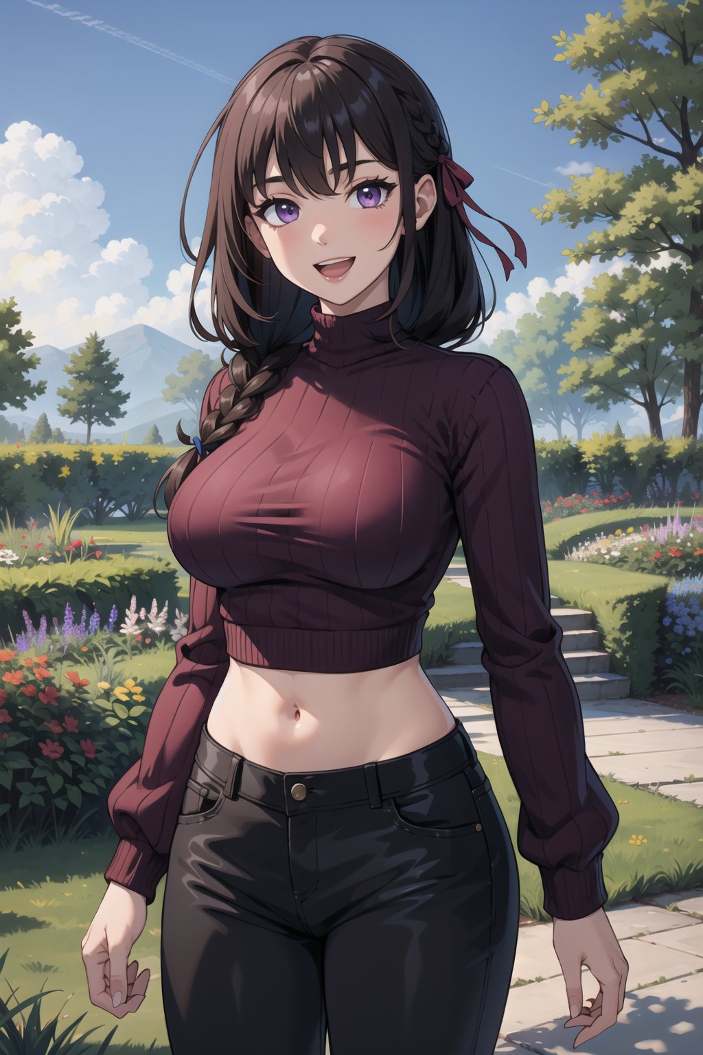 (masterpiece), 1girl, best quality, expressive eyes, perfect face, mature female, large breasts, brown hair BREAK braid, slim body, navel, purple eyes, hair ribbon, purple sweater BREAK black pants BREAK flower garden, blue sky BREAK green hills BREAK standing, smile, :D, 