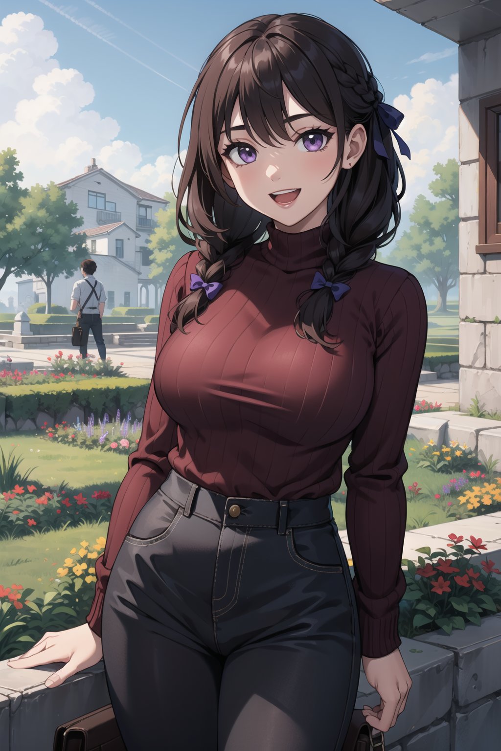 (masterpiece), 1girl, best quality, expressive eyes, perfect face, mature female, large breasts, brown hair BREAK braid, slim body, purple eyes, hair ribbon, purple sweater, black pants BREAK flower garden, blue sky BREAK green hills BREAK standing, smile, :D, 