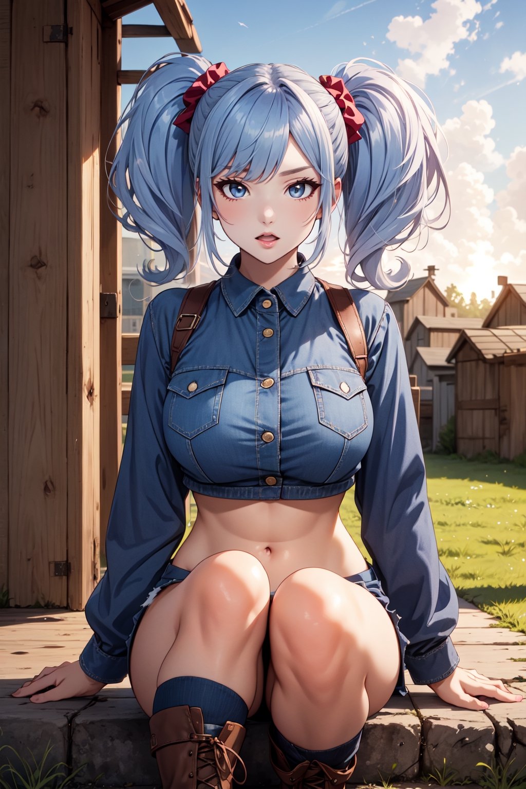 (masterpiece),  1girl,  best quality,  expressive eyes,  perfect face,  large breasts,  (young woman),  mega twintails,  (light purple hair BREAK) blue eyes BREAK mega twintails, sunset sky, checkered shirt, orange shirt BREAK torn shorts, blue shorts BREAK knee Boots, brown Boots BREAK blue jacket BREAK midriff, barn yard, :o, lips, grass, farm, hips, glaring, sitting on a fence 