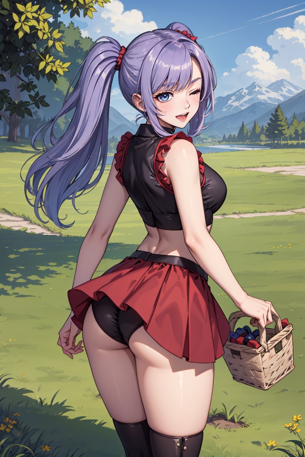 (masterpiece), 1girl, best quality, expressive eyes, perfect face, large breasts, (young woman), mega twintails, (light purple hair BREAK) blue eyes BREAK white frilled shirt BREAK red skirt BREAK from behind, lookiing back, naughty_face, smile, open mouth, one eye closed, boots, picnic basket, pantyshot, purple panties, cute ass, ass focus, grass, mountains, crops, lakeside, standing, off shoulders, sleeveless