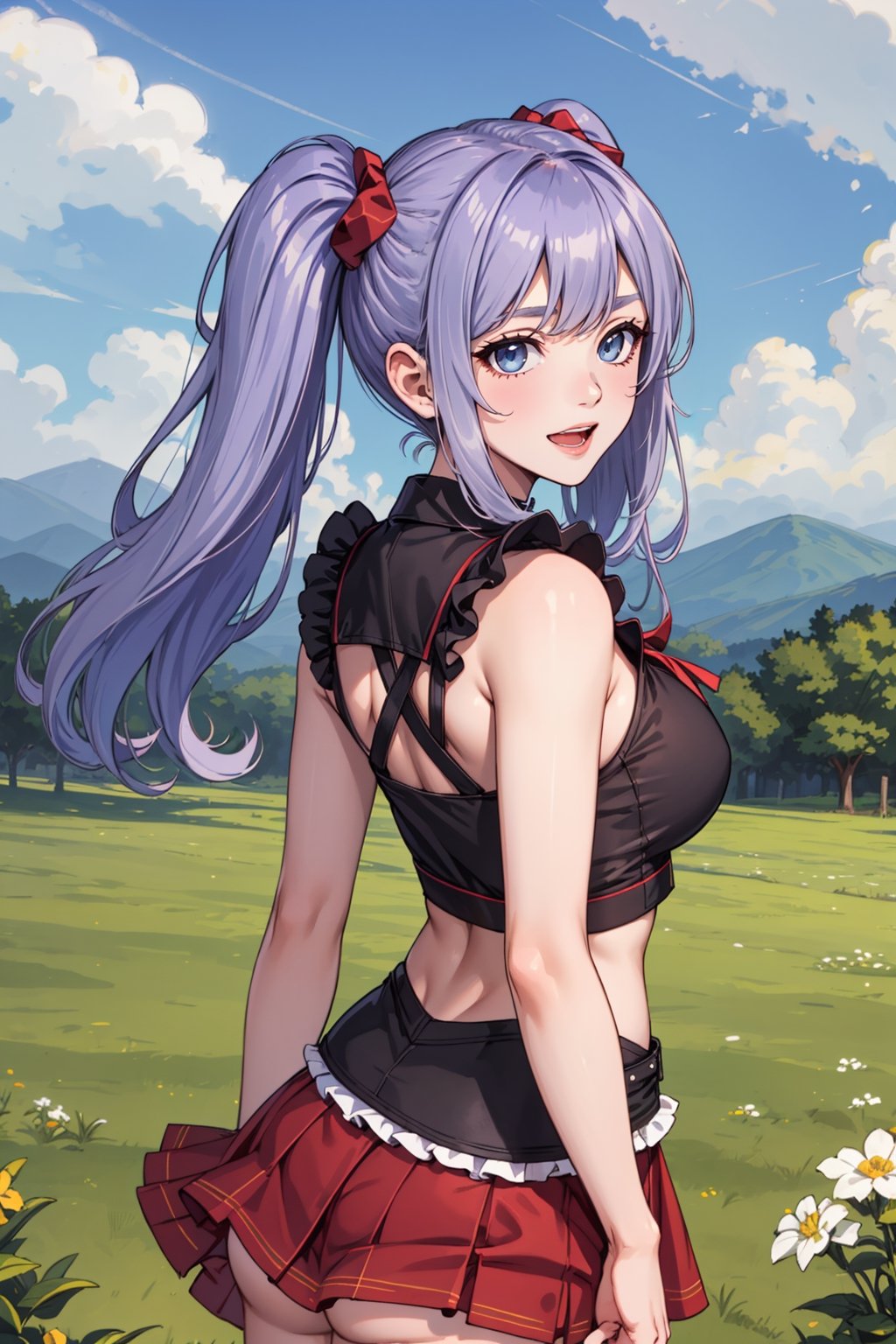 (masterpiece), 1girl, best quality, expressive eyes, perfect face, large breasts, (young woman), mega twintails, (light purple hair BREAK) blue eyes BREAK white frilled shirt BREAK red skirt BREAK from behind, lookiing back, naughty_face, smile, open mouth, purple panties, cute butt, butt focus, grass, mountains, crops, lakeside, standing, off shoulders, sleeveless