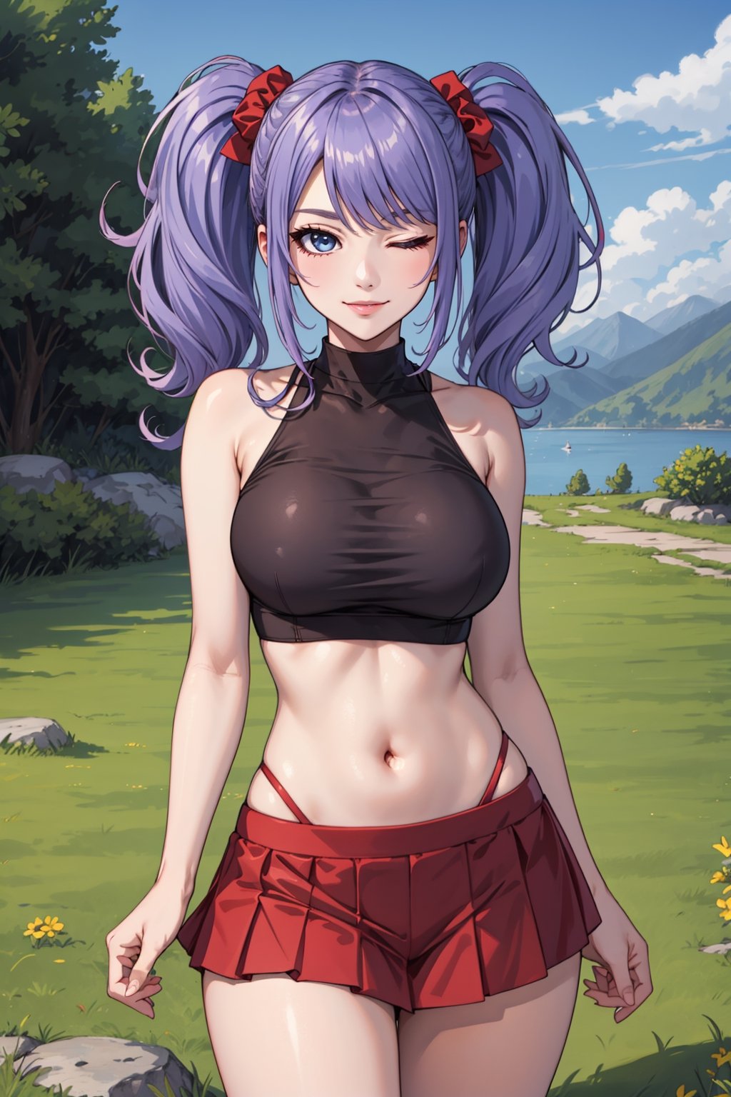 (masterpiece), 1girl, best quality, expressive eyes, perfect face, large breasts, (young woman), mega twintails, (light purple hair BREAK) blue eyes BREAK white crop top BREAK red skirt BREAK underboob, one eye closed, naughty_face, smile, grin, grass, mountains, crops, lakeside, standing
