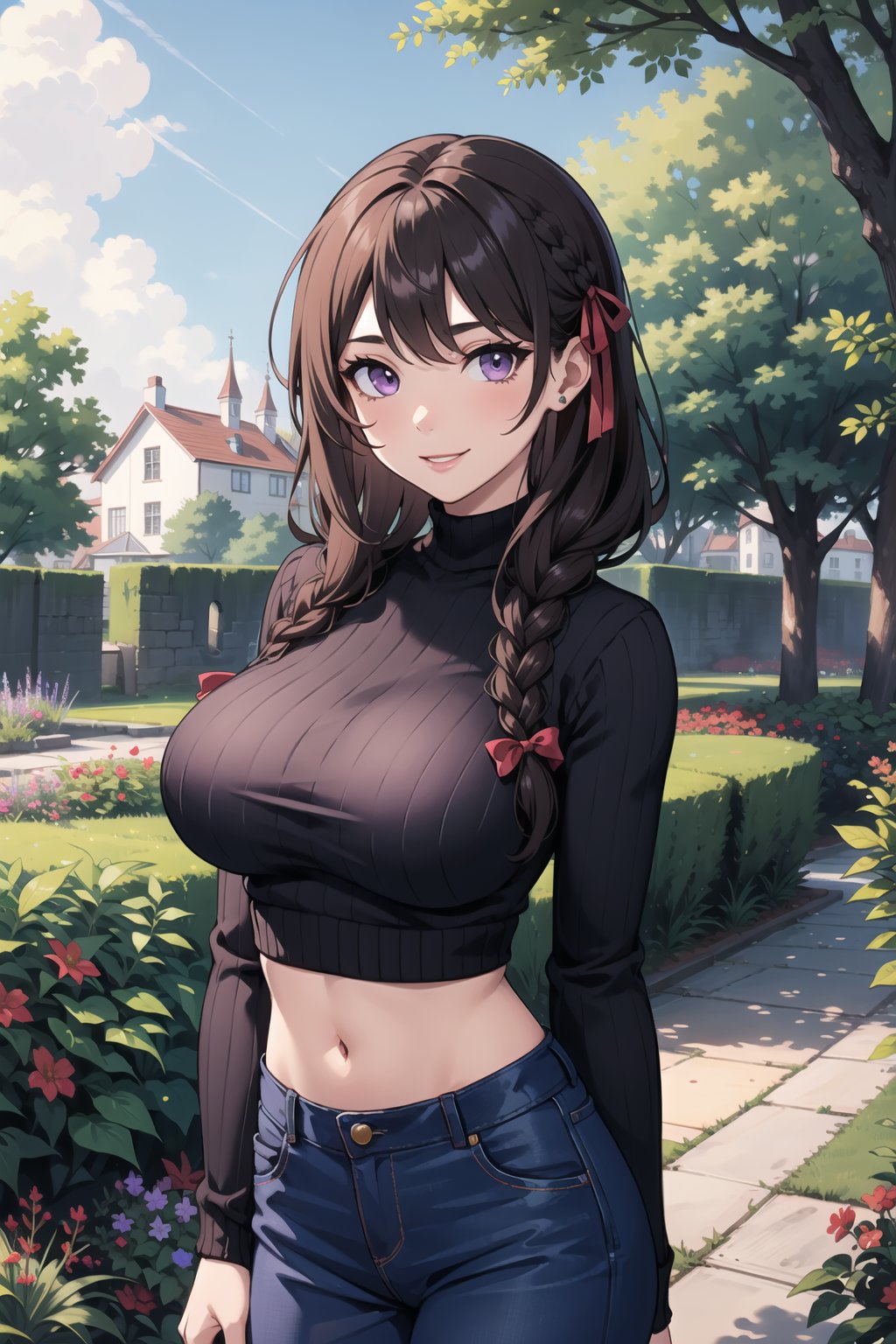 (masterpiece), 1girl, best quality, expressive eyes, perfect face, mature female, large breasts, brown hair BREAK braid, slim body, navel, purple eyes, hair ribbon, purple sweater, black pants, flower garden, blue sky BREAK green hills BREAK standing, smile, 