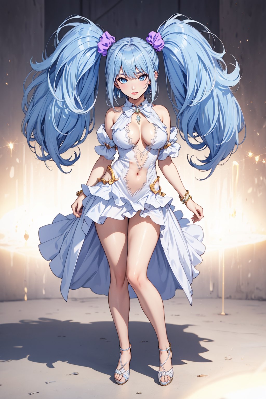 (masterpiece),  1girl,  best quality,  expressive eyes,  perfect face,  large breasts,  (young woman),  mega twintails,  (light purple hair BREAK) blue eyes BREAK mega twintails, (detailed white dress), abstract_background, crystals, (jewerly), earrings, necklace, cleavage cutout, exposed navel, legs, barefeet, full_body, purple lipstick BREAK smile, closed_mouth, standing 