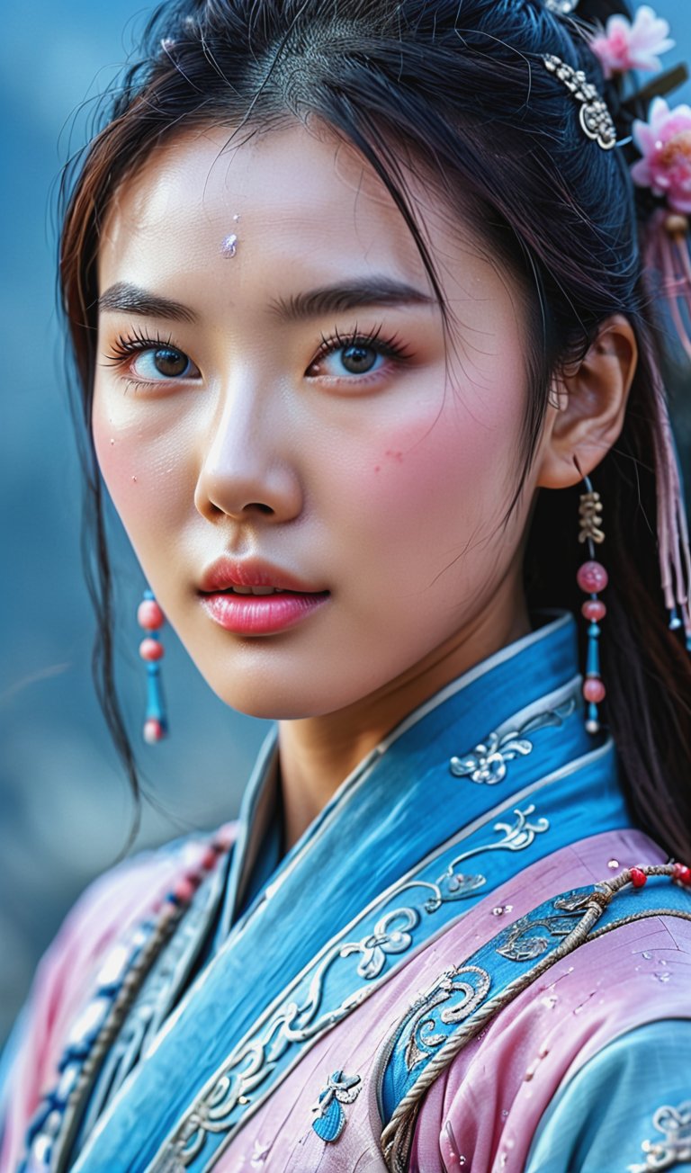 The female warrior of ancient China had an Asian, beautiful skin, sparkling and inspiring eyes, Image colors have pink and blue tones, cinematic professional film 