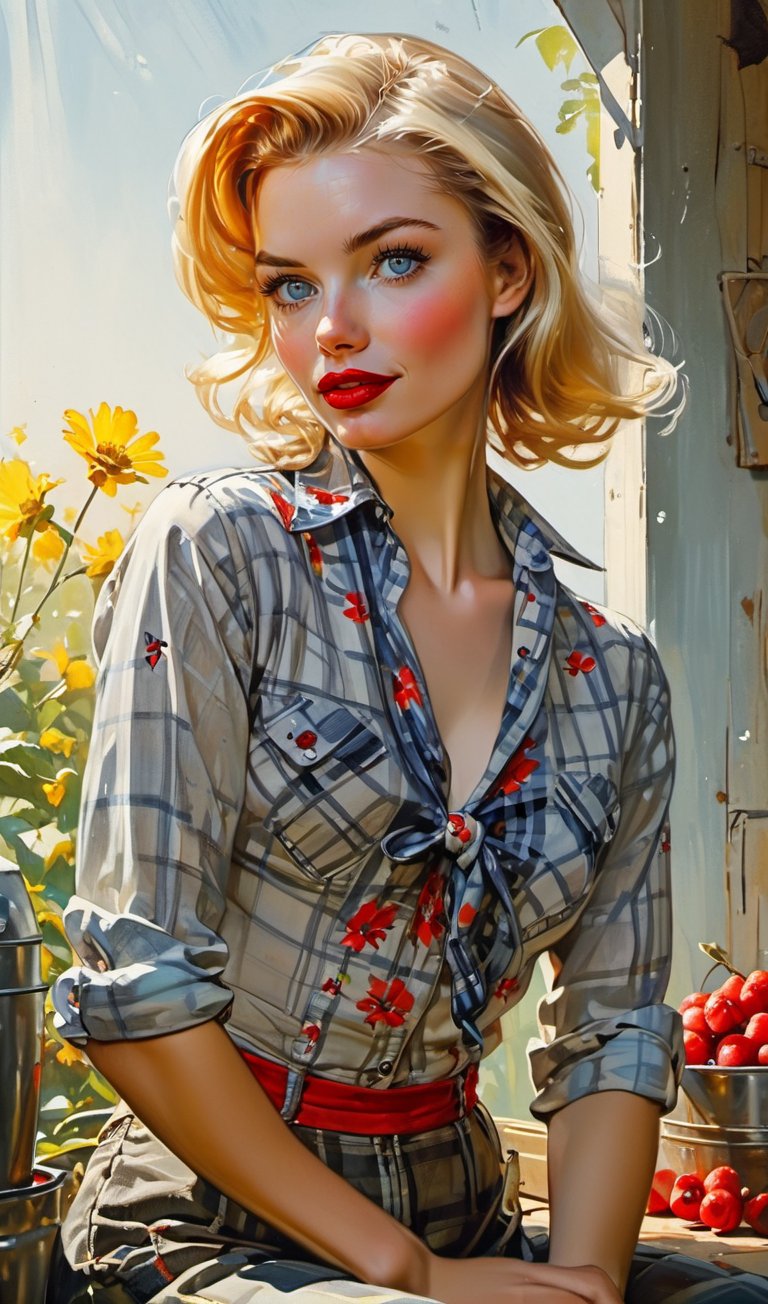 art by Ralph Horsley and Simone Bianchi, pin up girl, blond hair in 50`s style, perfect detailed face and clear eyes, red lipstick, she is working on a farm, wear a knotted checked (((blouse and a short pant with braces))), complex farm background, interior sun rays, butteries white, silver and chrome watercolor painting, Jean-Baptiste Monge style, bright, beautiful in spring, splash, big perfect eyes, rim lighting, lights, magic, fantasy, digital art, wlop, artgerm and james jean