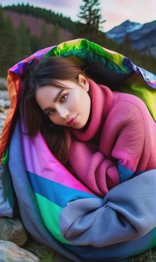 photorealistic, best quality, hyper detailed, beautiful women, big bra, colorful outfit, upper body, wearing pullover, bathroom, (cheerful, shy), sleeping bag, sweater, forest, rocks, river, wood, smoke, fog, clear sky, looking at viewer, skin texture, close up, ultra high res, RAW, instagram LUT, pose,
