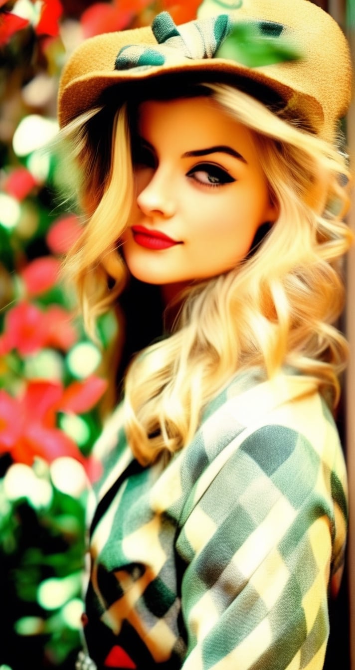 a girl with blonde hair, in vintage clothes