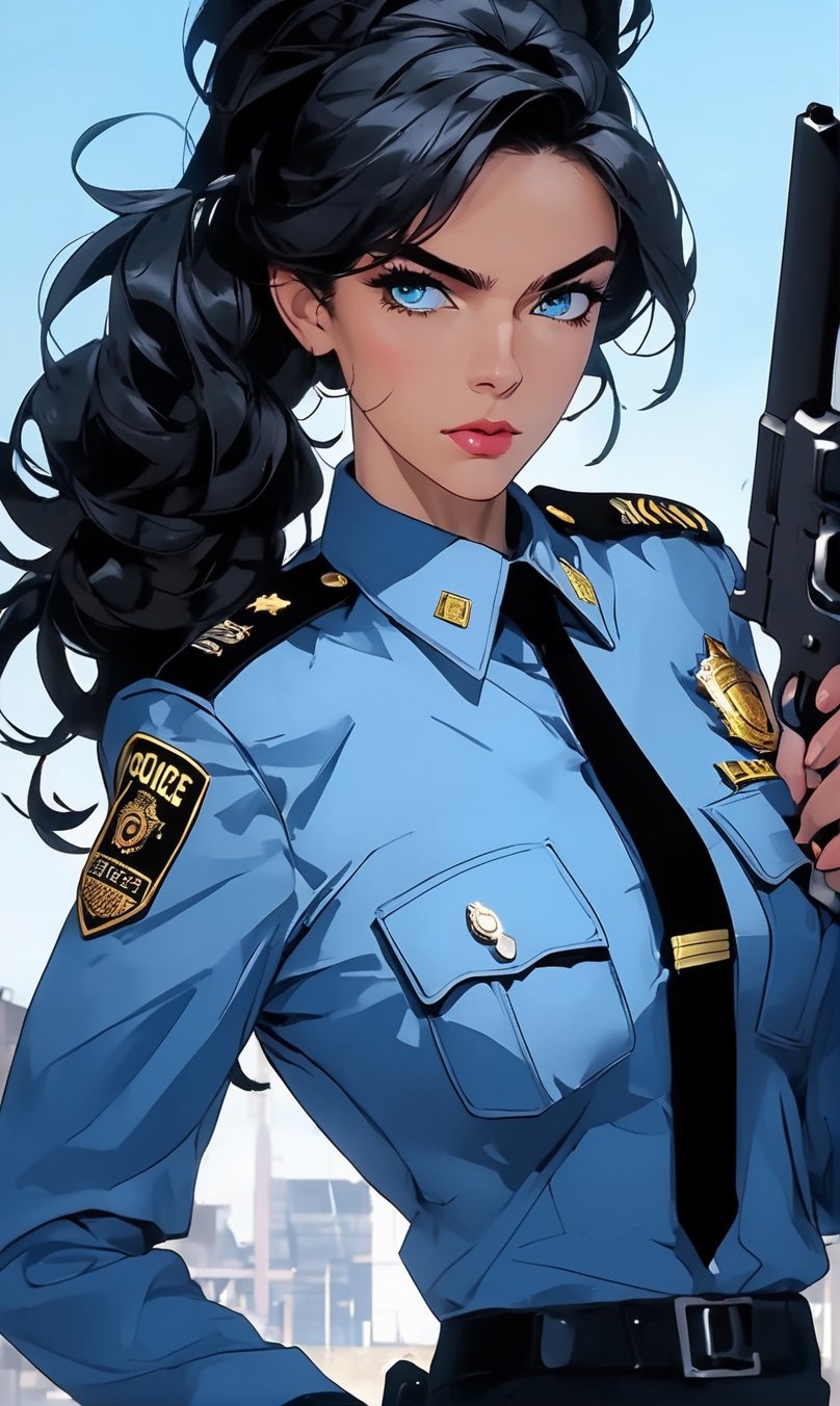 (masterpiece), best quality, expressive eyes, perfect face, (police), ((woman)), (hair up in high ponytail), (long wavy hair), ((black hair)), ((gold and blue eyes)), (slim eyes), ((in police uniform)), ((holding gun at viewer)), {{{vivid colors}}}, {{{PROFESSIONAL}}}.





niji6