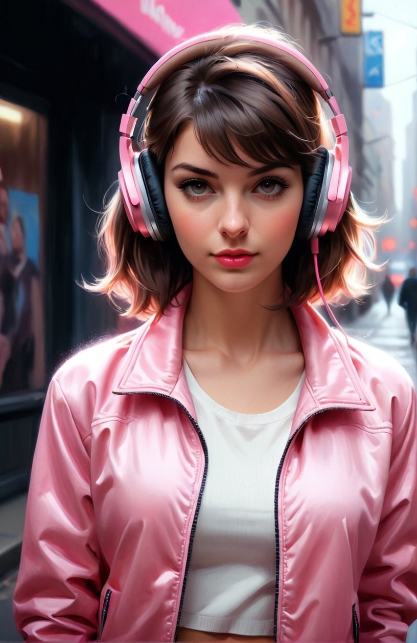 a woman wearing headphones and a pink jacket, a photorealistic painting by Alexander Kucharsky, cgsociety, photorealism, ilya kuvshinov, daz3d, photorealistic
