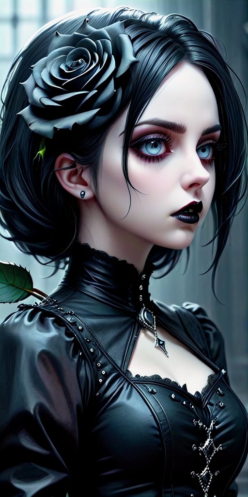 Highy detailed image, cinematic shot, (bright and intense:1.2), wide shot, perfect centralization, side view, dynamic pose, crisp, defined, HQ, detailed, HD, dynamic light & pose, motion, moody, intricate, 1girl, (((goth))) holding a black rose, attractive, clear facial expression, perfect hands, emotional, hyperrealistic inspired by necronomicon art, my baby just cares for me, fantasy horror art, photorealistic dark concept art
,goth person