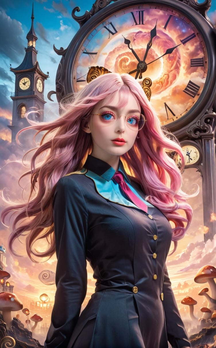 A surrealistic anime landscape unfolds: Salvador Dali's iconic melting clocks and distorted objects blend with vibrant anime colors and stylized characters. In a dreamlike setting, a (((bespectacled anime girl))) with a wispy mustache and curly hair peers out from behind a warped clock face, surrounded by swirling clouds of golden smoke. The cityscape in the background features buildings shaped like snails and mushrooms, while a giant, -pink cat watches over the scene, its eyes glowing like lanterns.,dali69
