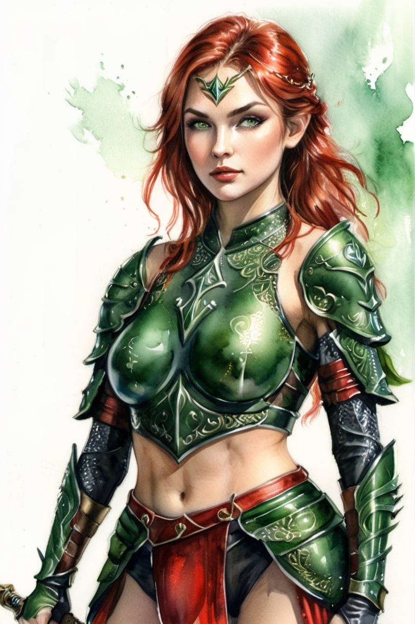 (((watercolor art))), sexy woman mage in armor with a green top and red pants, ornate armor, intricate armor, girl in mage armor, stunning armor, beautiful armor, elven mage princess, very beautiful elven top model, beautiful female knight, of a beautiful female, very stylish fantasy armor, gorgeous female, wearing fantasy armor