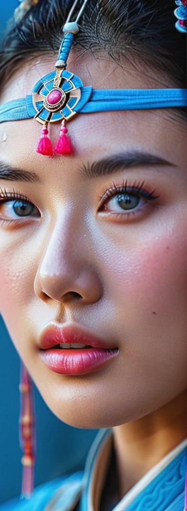 The female warrior of ancient China had an Asian face, beautiful skin, high nose, sparkling and inspiring eyes, Image colors have pink and blue tones, cinematic professional film 