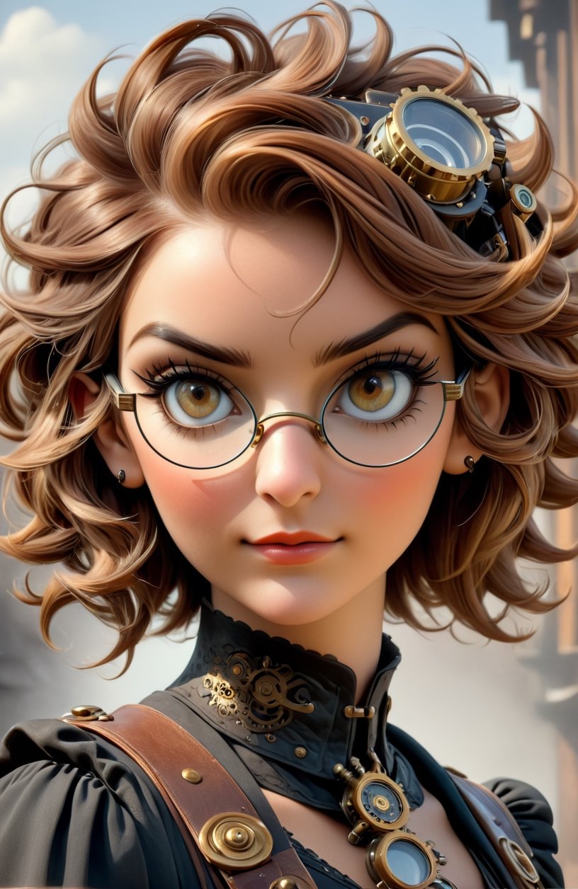 Steampunk lady: (((glasses in hair))), brass goggles, auburn waves; elegance entwined with machinery. Short hair, beautiful face, steampunk style, trending on artstation, sharp focus, studio photo, intricate details, highly detailed
,3d toon style