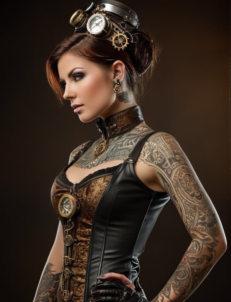 (((Steampunk  sexy lady))), Sleek, bold, and embodying the essence of steampunk sophistication, she turns heads with her unique blend of Victorian charm and industrial edge. The intricate tattoos that adorn her skin are a tapestry of gears and cogs, each inked with a precision that rivals the finest clockwork mechanisms. Her piercing gaze, framed by dark, dramatic makeup, speaks of a spirit that's unbreakable and daring, while the metallic accents of her attire glint in the soft light, a symphony of brass and leather.