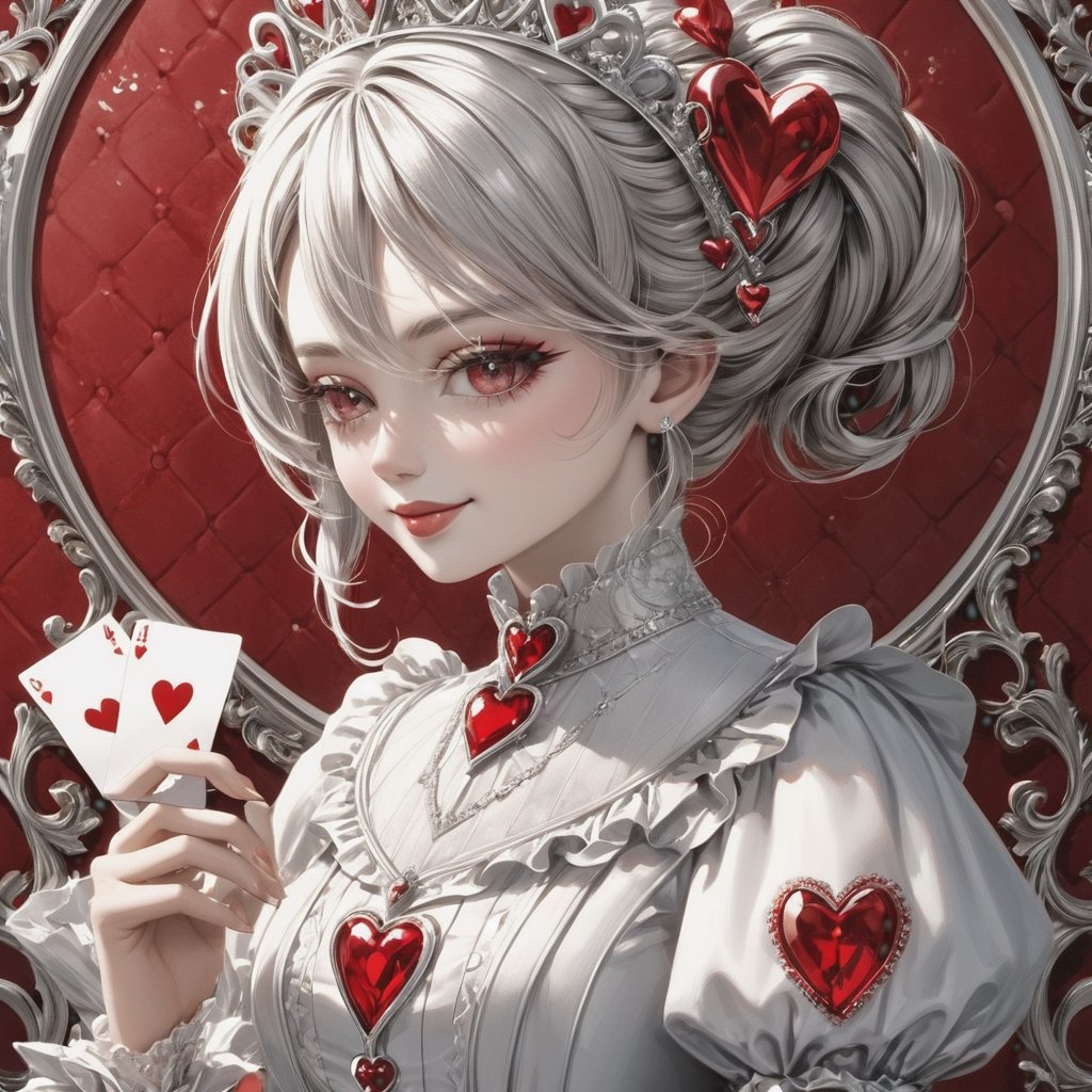 3d, uhd, digital art. white porcelain, red queen of hearts with a smiling flirty expression & white Victorian rococo styled hair, decorated with white diamonds and red hearts like the playing card, exquisitely decorated, with attention to delicate fine details. elegant queen of hearts wallpaper, porcelain white, chrome/silver/filigree and red Resin with red accents, silver highlights ,photo r3al