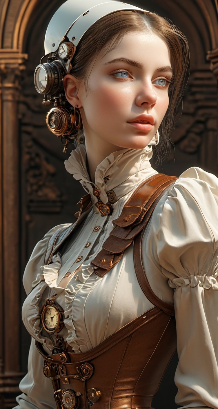 Full body, steampunk girl, steampunk woman, beautiful, pale colors, clearly defined eyes, centered, clearly defined eyes, full body, pretty pale color outfit, perfect composition, beautiful detailed intricate insanely detailed octane render trending on artstation, 8 k artistic photography, photorealistic concept art, soft natural volumetric cinematic perfect light, chiaroscuro, award - winning photograph, masterpiece, oil on canvas, raphael, caravaggio, greg rutkowski, beeple, beksinski, giger