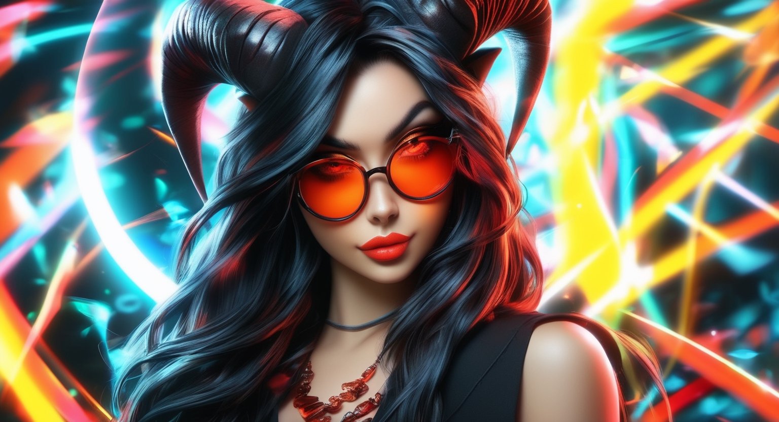 1girl, long hair, tinted eyewear, black hair, forehead mark, sunglasses, jewelry, looking at viewer, red eyes, bracelet, facial mark, solo, red lips, pointy ears, horns, red nails, round eyewear, makeup, glowing, looking over eyewear, lipstick, orange-tinted eyewear, nail polish, red-tinted eyewear, orange nails, glowing eyes, glasses, artist name, nose piercing, lips, animal,horns, demon horns, swirling horns,two way horns, horns