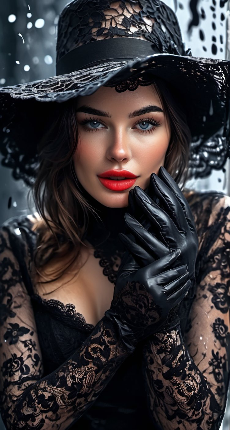 beautiful brunette woman, model, artistic pose, black hat, wearing black lace gloves, romantic makeup, black and white speedpaint with large strokes and splashes of paint, shadows and reflections, highly detailed, vibrant, production cinematic character render, hyper-realistic high-quality model, HDR, 8K, ultra high quality