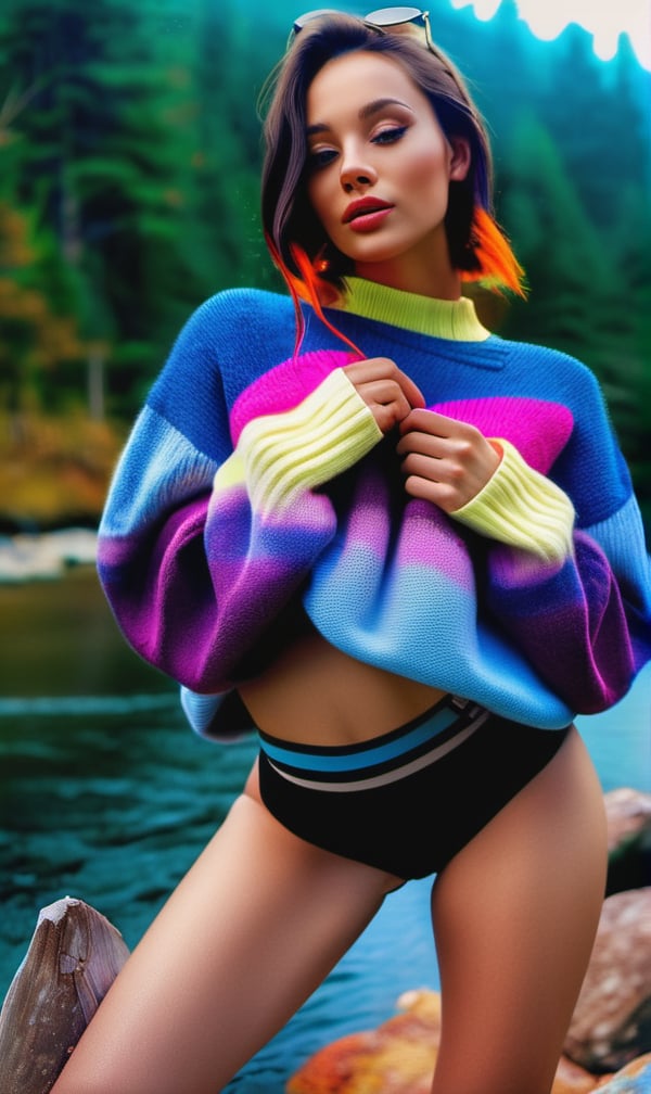 photorealistic, best quality, hyper detailed, beautiful women, big bra, colorful outfit, upper body, wearing pullover,(cheerful, shy), sweater, forest, rocks, river, wood, smoke, fog, clear sky, looking at viewer, skin texture, close up, ultra high res, RAW, instagram LUT, pose,
