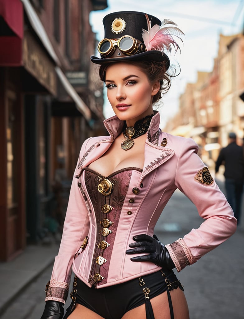 (((A stunning sexy woman in steampunk))) A captivating woman stands confidently in a bustling steampunk street, her presence commanding attention. (((Clad in an intricately designed pink corset and jacket, adorned with brass buttons and gear motifs))), she epitomizes elegance and strength. Her steampunk goggles rest atop a stylish top hat, accented with delicate feathers and intricate details. The sunlight highlights her striking features and the craftsmanship of her attire, creating a perfect blend of vintage charm and futuristic flair. The backdrop of a sunlit, slightly worn street adds a touch of adventure to the scene, enhancing the steampunk aesthetic.