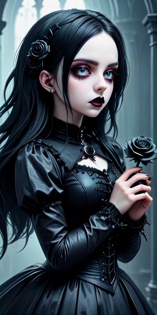 Highy detailed image, cinematic shot, (bright and intense:1.2), wide shot, perfect centralization, side view, dynamic pose, crisp, defined, HQ, detailed, HD, dynamic light & pose, motion, moody, intricate, 1girl, (((goth))) holding a black rose, attractive, clear facial expression, perfect hands, emotional, hyperrealistic inspired by necronomicon art, my baby just cares for me, fantasy horror art, photorealistic dark concept art
,goth person