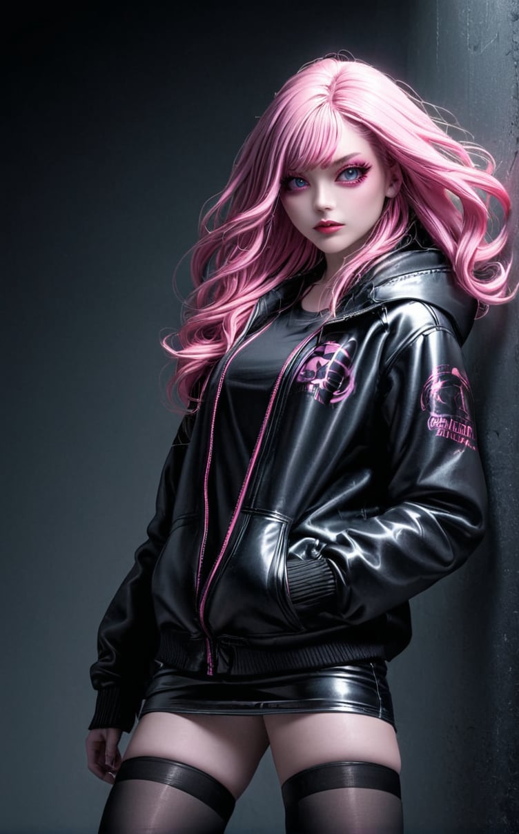 goth punk Girl rocking out, pink hair, pink eyes, heavy eyeliner, hoodie, jacket, miniskirt, thigh highs. on black canvas in the style of guillem h. pongiluppi, abigail larson, ominous landscapes, john sloane, light gray and pink, energy-filled illustrations
