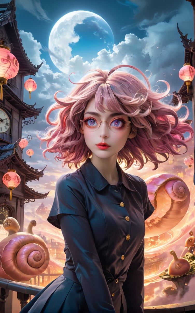 A surrealistic anime landscape unfolds: Salvador Dali's iconic melting clocks and distorted objects blend with vibrant anime colors and stylized characters. In a dreamlike setting, a (((bespectacled anime girl))) with a wispy mustache and curly hair peers out from behind a warped clock face, surrounded by swirling clouds of golden smoke. The cityscape in the background features buildings shaped like snails and mushrooms, while a giant, -pink cat watches over the scene, its eyes glowing like lanterns.,dali69
