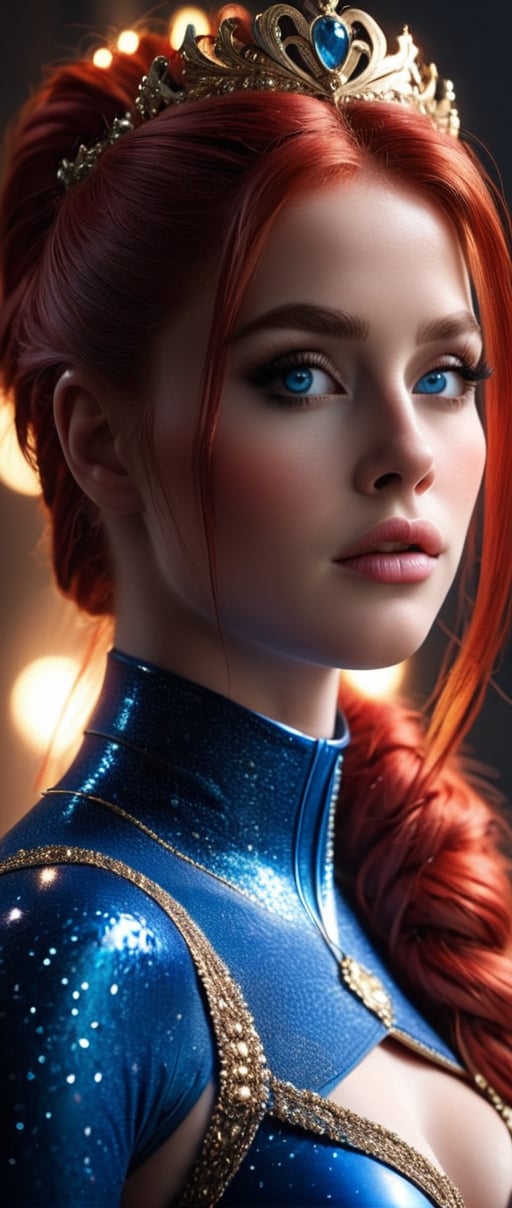 real, atmospheric scene, masterpiece, best quality, (detailed face, detail skin texture, ultra-detailed body),(cinematic light:1.1),PWHN, makeup, ponytail, blue eyes,  crown, body suite, red hair