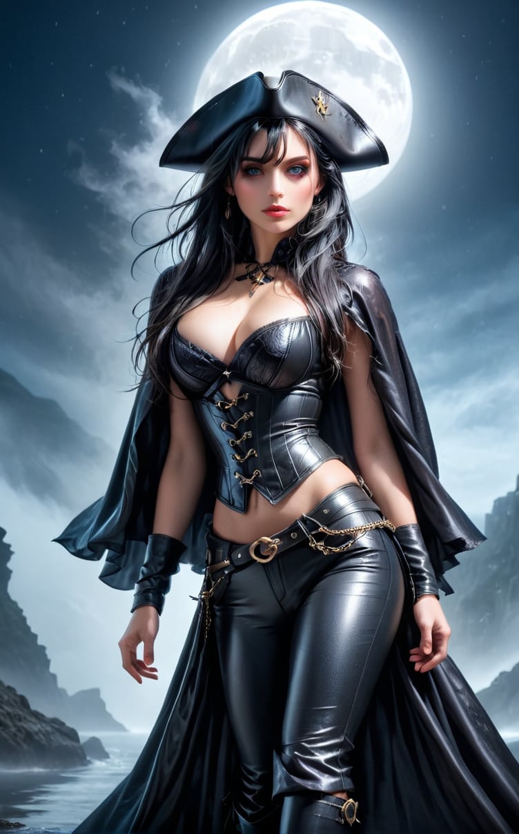 A sultry pirate woman stands defiantly against a misty, moonlit backdrop. Her slender physique is accentuated by the clinging, wet leather corset and pants, glistening with dew-like sheen. Vibrant black hair flows like fire down her back, as she gazes boldly into the distance. The triangular hat perches atop her head, while heavy chainmail adorns her arms, glinting in the soft light. Her ample bosom is confined by the leather corset, drawing attention to her statuesque figure. Felt boots and a flowing cloak complete her swashbuckling ensemble.
