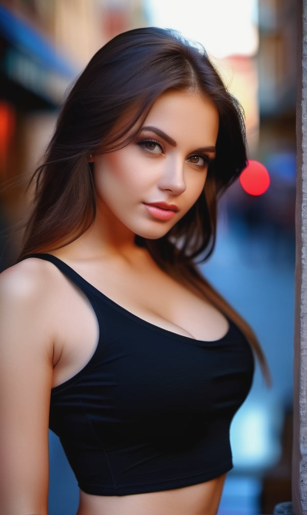 photography of a stunning girl, in the city, wearing a black top, enjoying, girl, summer, hot girl, (((very heavy bust))), brunette hair, long_hair, looks into the camera, symmetrical face, photorealistic, photography, spectacular lighting,, gorgeous, cleavage, western, (masterpice), best quality, high resolution, extremely detailed, skin with pores, blurred background, depth of field, cinematic lighting
