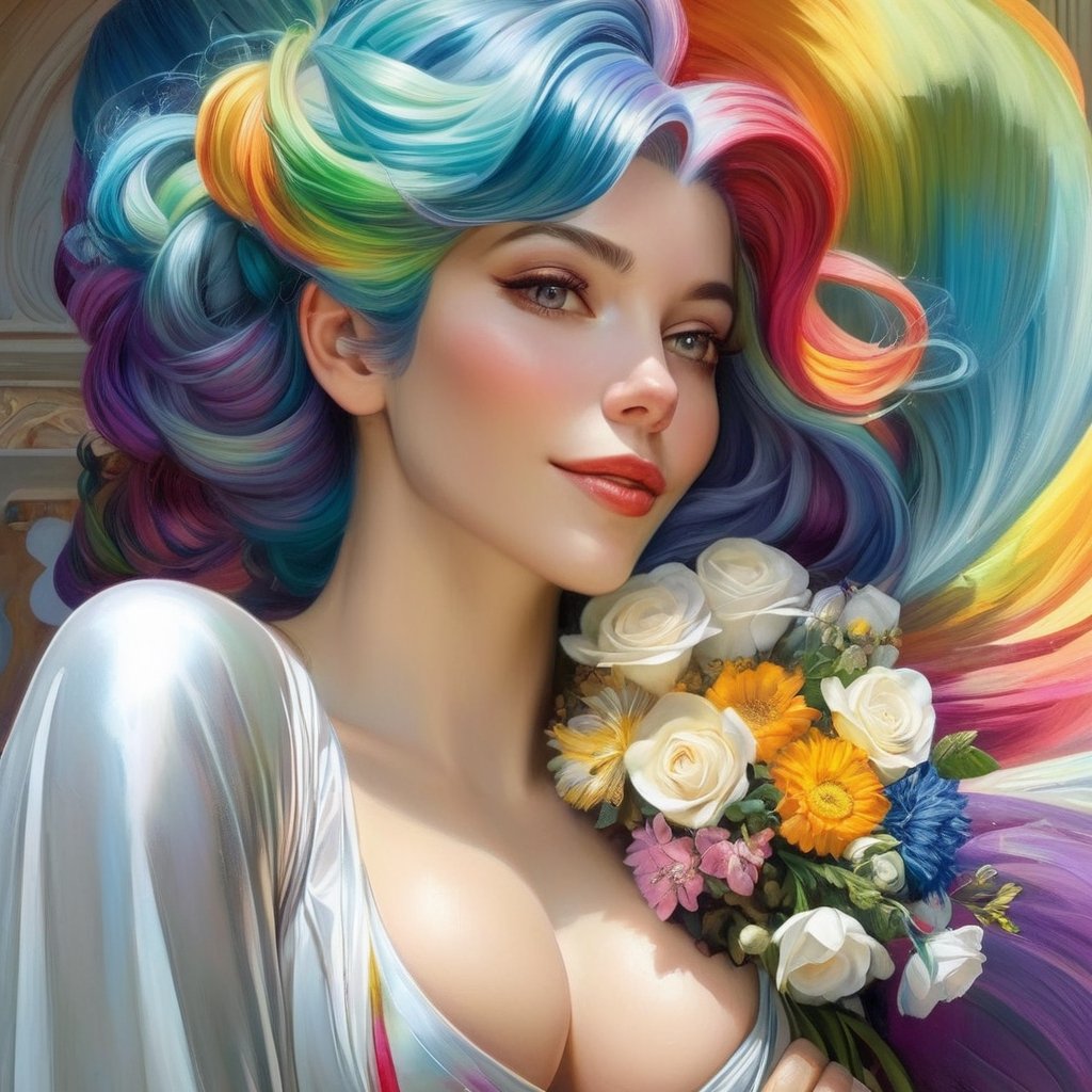 oil painting of a woman with rainbow hair, a bouquet of flowers, drenched body, silver hair, fantasy, regal, intricate, by stanley artgerm lau, greg rutkowski, thomas kindkade, alphonse mucha, loish, norman rockwell