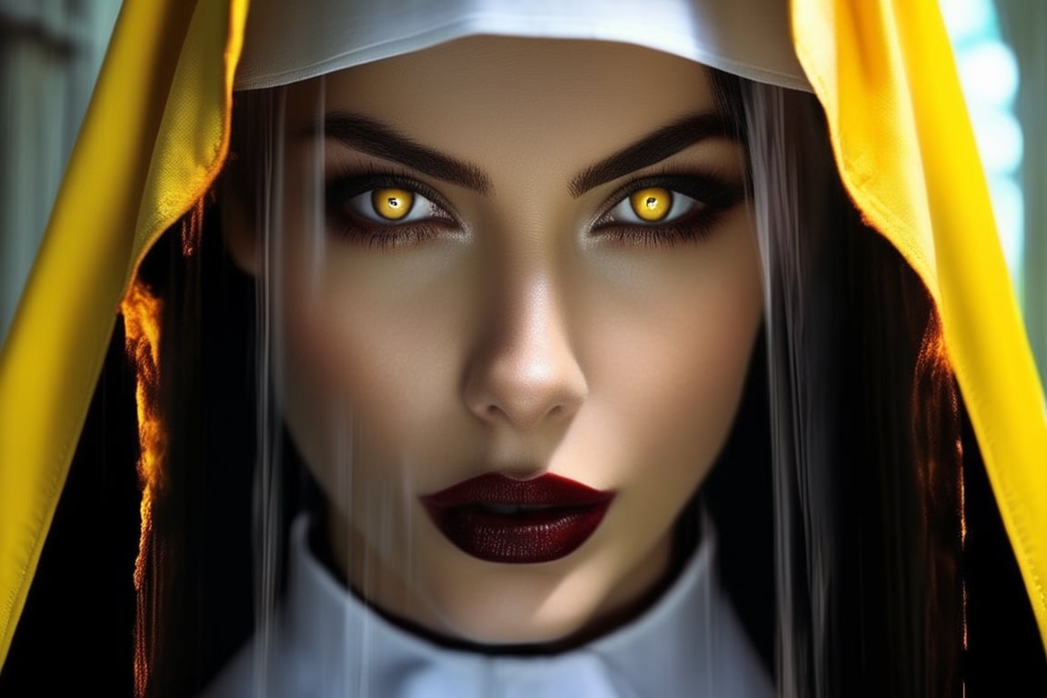realistic, nun, lips, looking at viewer, 1girl, solo, yellow eyes, reflection, horror \(theme\), demonic nun\(Valack\),NUN\(movie\)
