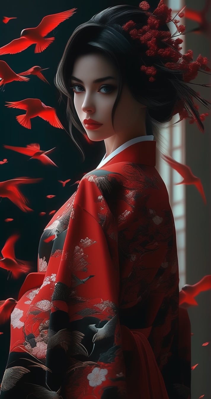 a red female character wearing a kimono in front of black birds, in the style of gothic realism, andreas rocha, chen zhen, clamp, mysterious figures, anime aesthetic, elaborate costumes