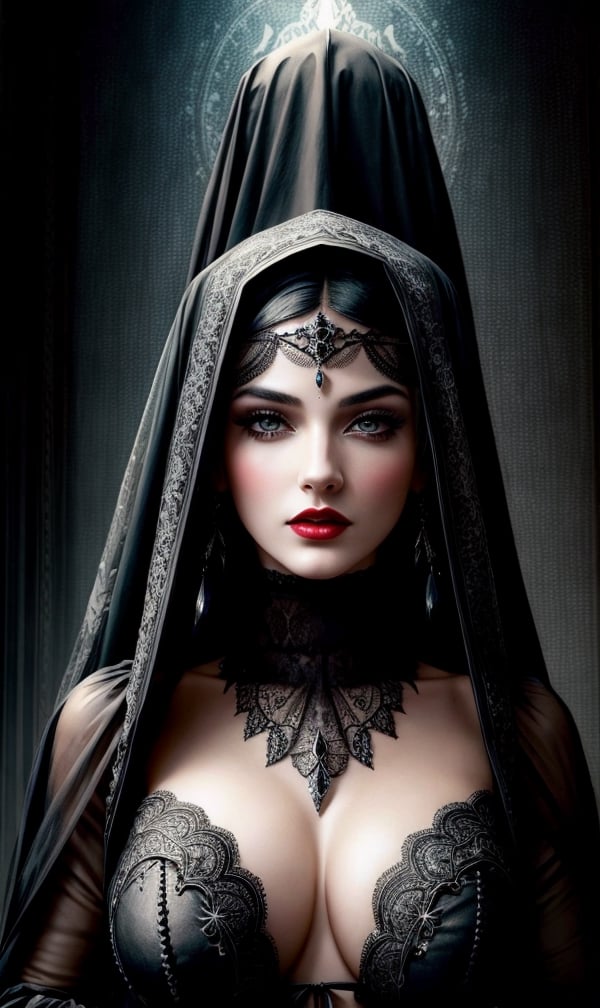 by Brian M. Viveros, by Pixar Concept Artists, by Ed Roth, by Jeff Koons, by Brandon Woelfel, by Ryohei Hase, by Shawn Coss, by Banksy a black and white photo of a woman with red lips, by Konrad Krzyżanowski, gothic art, lace veil, digital art - w 640, detail, selective color effect, wrapped in black, intricate faces, beautiful burqa's woman, lace web, dark drapery, ( ( ( horror art ) ) ), sin city, snake-face lady super, max dennison nightsky, stars, stunning, something that even doesn't exist, mythical being, energy, molecular, textures, iridescent and luminescent scales, breathtaking beauty, pure perfection, divine presence, unforgettable, impressive, breathtaking beauty, Volumetric light, auras, rays, vivid colors reflects