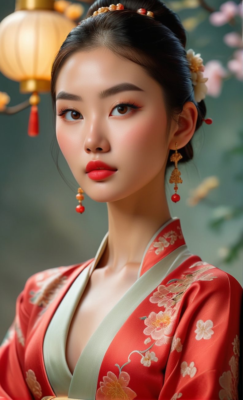 Close-up of an attractive woman wearing Hanfu, her back and side profile exposed. She sits confidently with her back to a subtle gradient background, where soft golden lighting highlights her intricate tattoos. Her bright tattoos stood out against the delicate fabric of her costume, and her lips were slightly upturned in crimson lipstick. Her eyes, beautifully contoured by delicate eyelashes, directly lock the viewer's gaze. Her face is the perfect balance of delicacy and strength, with delicate features and ultra-fine skin texture giving the illusion of real-life perfection. A thumb and four fingers form her hand as she looks directly at the viewer, her tattoos becoming a vibrant backdrop to her captivating presence. ((Glossy tattoo on back)),WOOHEE,pretty
,3D