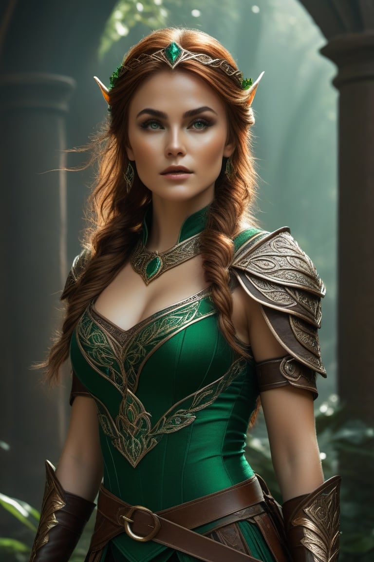 8K, Wood Elf Ranger, (woman's:1.5), Graceful and flexible (athletic build:1.5), emerald eyes (Vibrants:1.5), brown-hair (flowing:1.5), Copper silk, Leaf-shaped ornaments, UHD, HDR, Cinematic image, intricate details, Ultra-realism, Dystopian Palace, Luxurious atmosphere, Ultra-detailed, stunning image, IMAX, Cinematic, award-winning photo, Intricate, Low aperture (f1.2), dramatic lighting, cinematic composition, Professional, erotica
,Movie Still