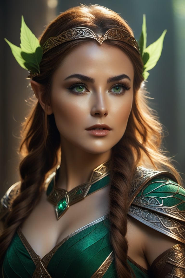 8K, Wood Elf Ranger, (woman's:1.5), Graceful and flexible (athletic build:1.5), emerald eyes (Vibrants:1.5), brown-hair (flowing:1.5), Copper silk, Leaf-shaped ornaments, UHD, HDR, Cinematic image, intricate details, Ultra-realism, Dystopian Palace, Luxurious atmosphere, Ultra-detailed, stunning image, IMAX, Cinematic, award-winning photo, Intricate, Low aperture (f1.2), dramatic lighting, cinematic composition, Professional, erotica
,Movie Still