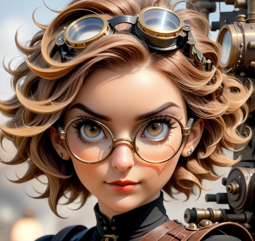 Steampunk lady: (((glasses in hair))), brass goggles, auburn waves; elegance entwined with machinery. Short hair, beautiful face, steampunk style, trending on artstation, sharp focus, studio photo, intricate details, highly detailed
,3d toon style