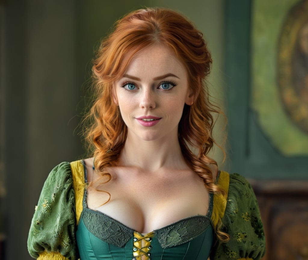 (UHD), (high quality), ((oil paint)), 26 year old woman, red hair, messy hair, eye focus, detailed eyes, perfect, detailed face, subtle smile, 19th century, green frack, intricate blouse, yellow corset, dark grey tight pants,
