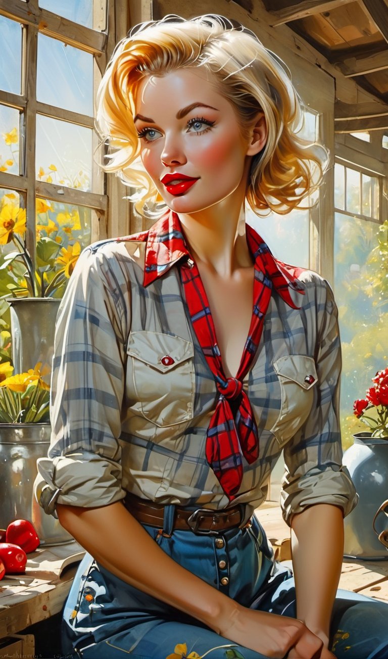 art by Ralph Horsley and Simone Bianchi, pin up girl, blond hair in 50`s style, perfect detailed face and clear eyes, red lipstick, she is working on a farm, wear a knotted checked blouse and a short pant with braces, complex farm background, interior sun rays, butteries white, silver and chrome watercolor painting, Jean-Baptiste Monge style, bright, beautiful in spring, splash, big perfect eyes, rim lighting, lights, magic, fantasy, digital art, wlop, artgerm and james jean