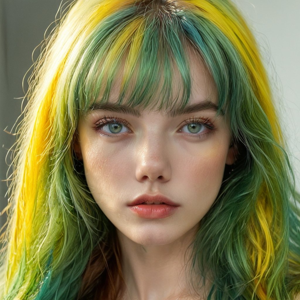 a sexy girl with multicolored hair  green eyes, 1girl, solo, multicolored hair, yellow eyes, bangs, looking at viewer, long hair, upper body, multicolored ribbon, parted lips, ribbon