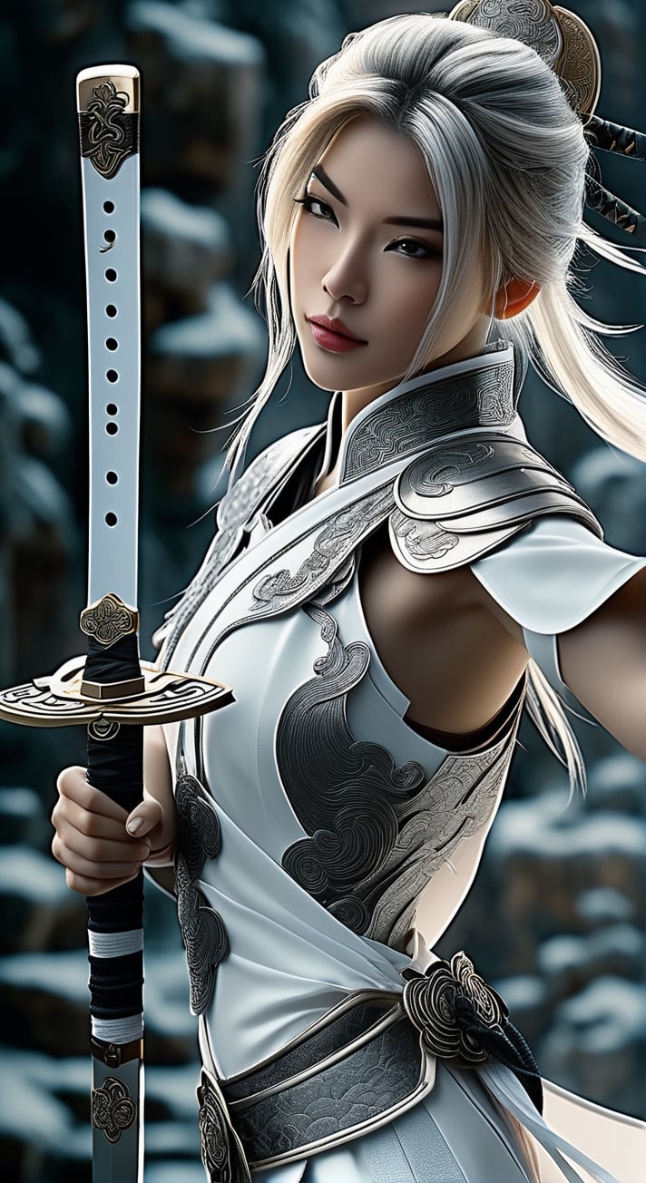 Chinese swordsman, warrior girl, in the style of editorial illustrations, 32k uhd, monochromatic artworks, white and gray, detailed portraits, loish, fantastical,Cinematic 
