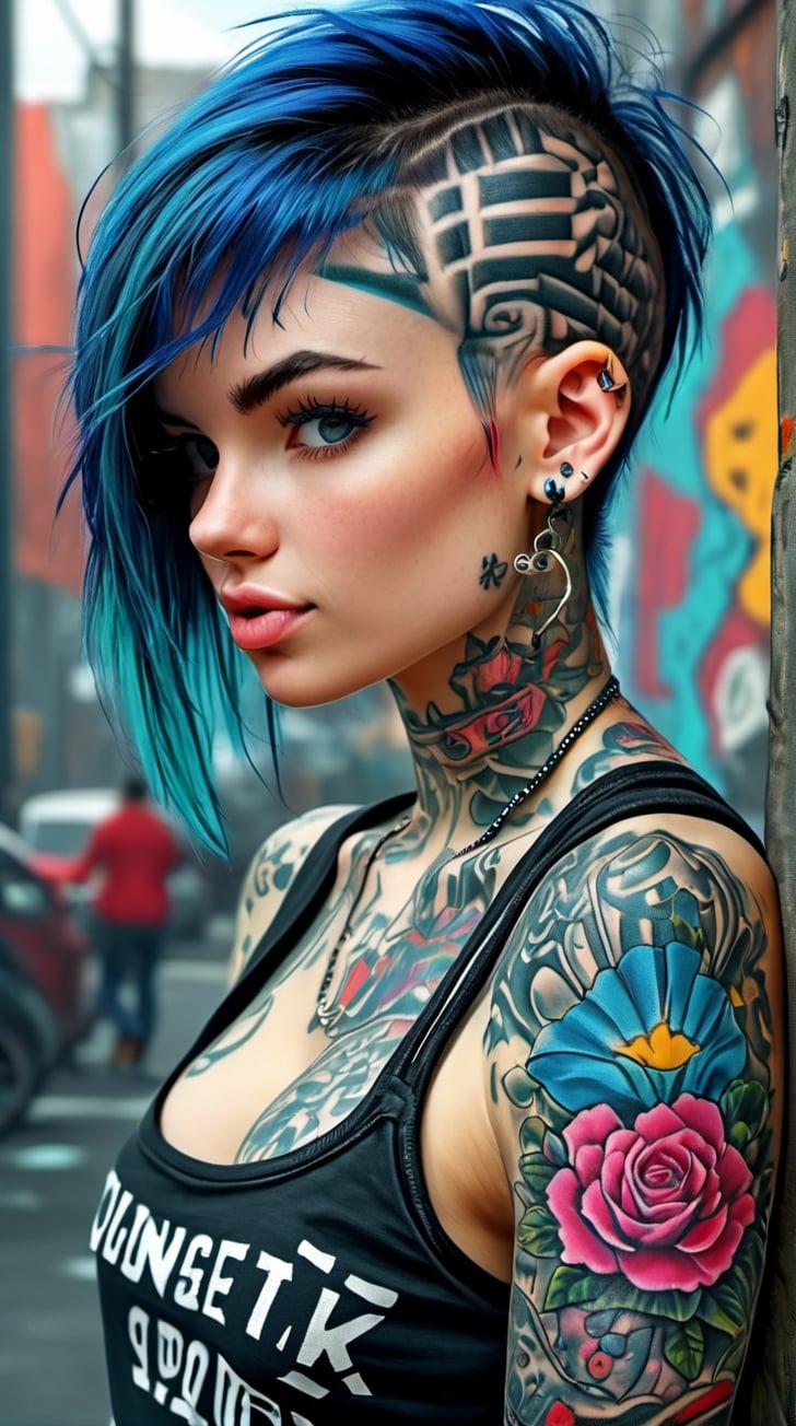 Cute punk rock girl with tattoos, ultra hd, realistic, vivid colors, highly detailed, UHD drawing, pen and ink, perfect composition, beautiful detailed intricate insanely detailed octane render trending on artstation, 8k artistic photography, photorealistic concept art, soft natural volumetric cinematic perfect light